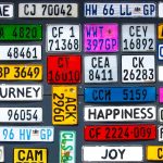 Various license plates with numbers and words.