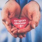 A photo of a person holding a paper heart with the message organ donor.