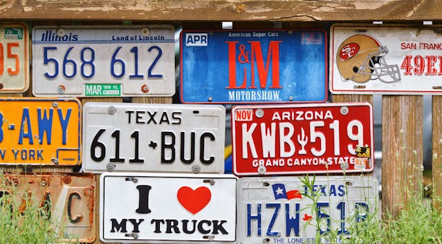 Assorted car license plates.
