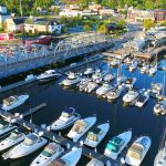 An aerial view of several boats.