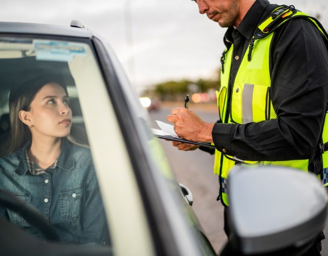 A woman getting a traffic ticket.